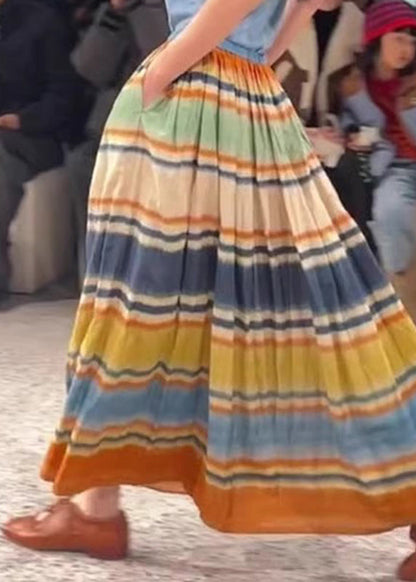 Stylish Rainbow Striped Pockets Elastic a Line Waist Skirts