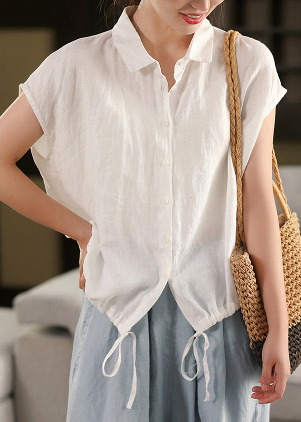 White Peter Pan Collar Lace Up Linen Blouse Summer