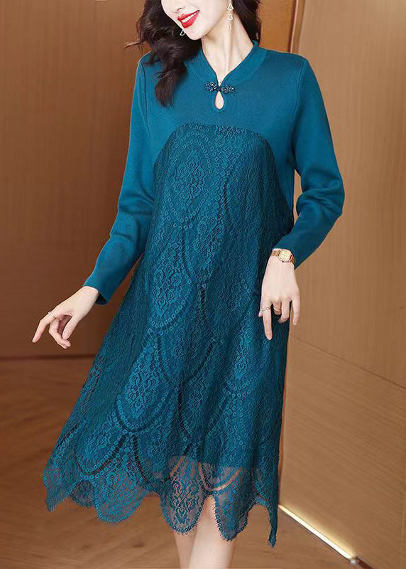 Blue Stand Collar Knit Patchwork Lace Sweater Dress Fall