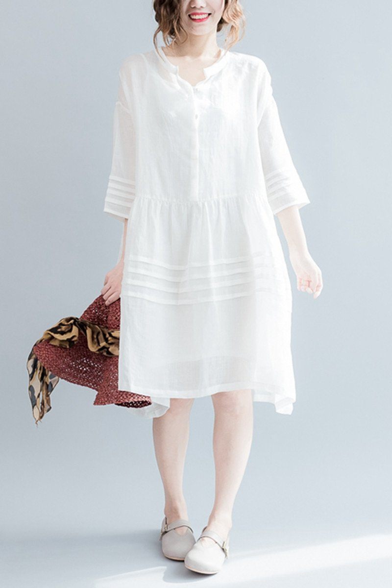 White Big Hem Linen Summer Shirt Dresses Clothing