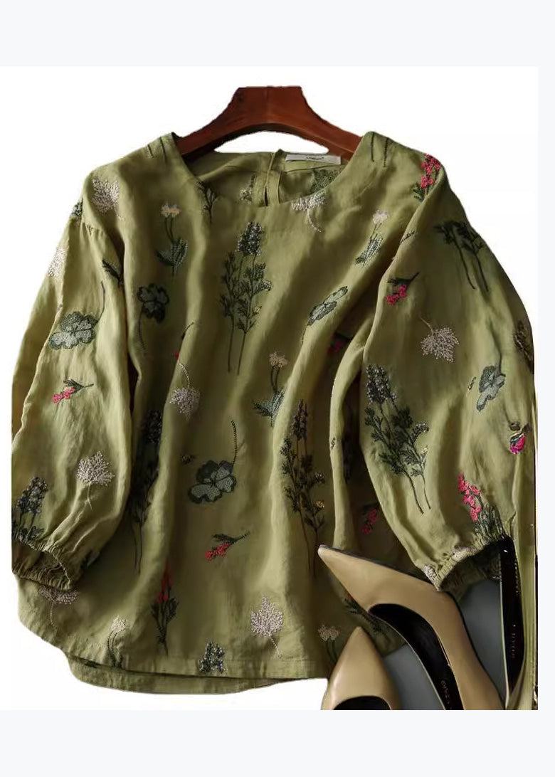 New Green O-neck Embroidered Cotton Shirts Bracelet Sleeve