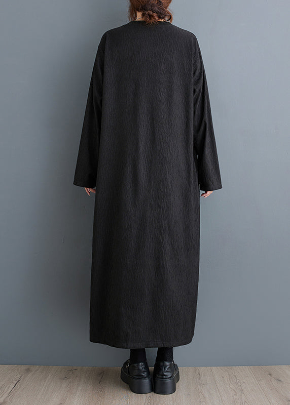 Simple Black O Neck Cotton Long Dress Fall