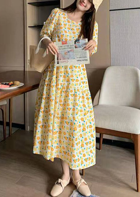 Yellow Cotton Linen Clothes Prints Kaftan Summer V Neck Dresses
