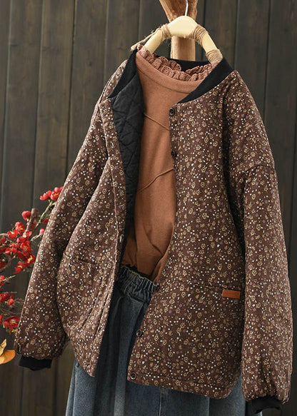Coffee Pockets Print Fine Cotton Filled Coat Spring