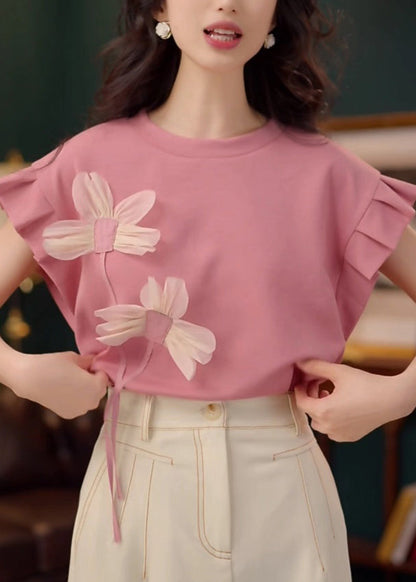 Pink O Neck Patchwork Cotton T Shirt Summer
