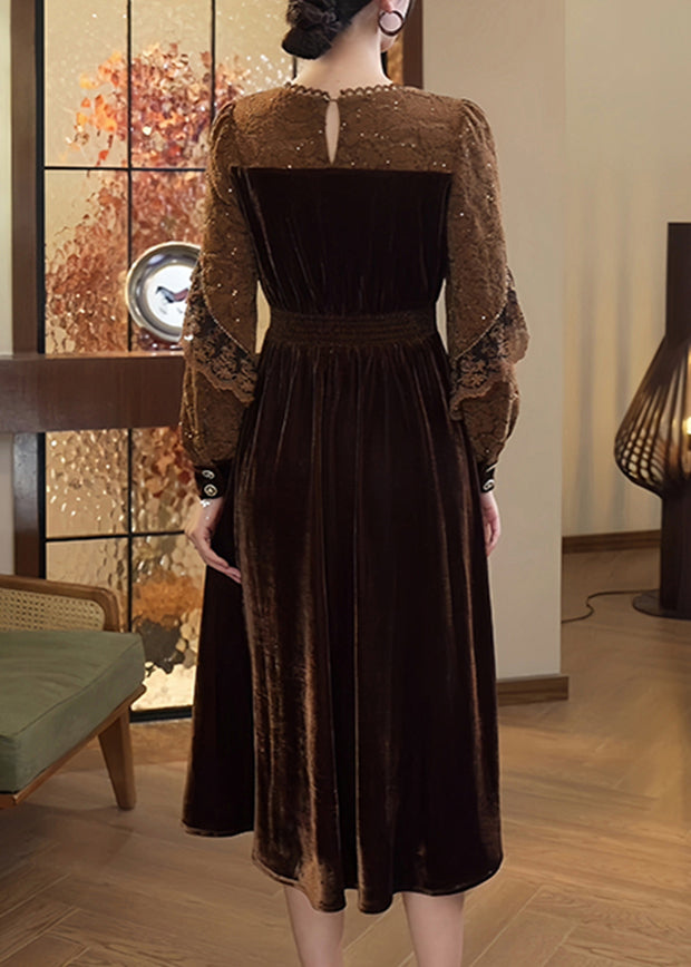 Coffee Lace Patchwork Silk Velvet Dress Spring