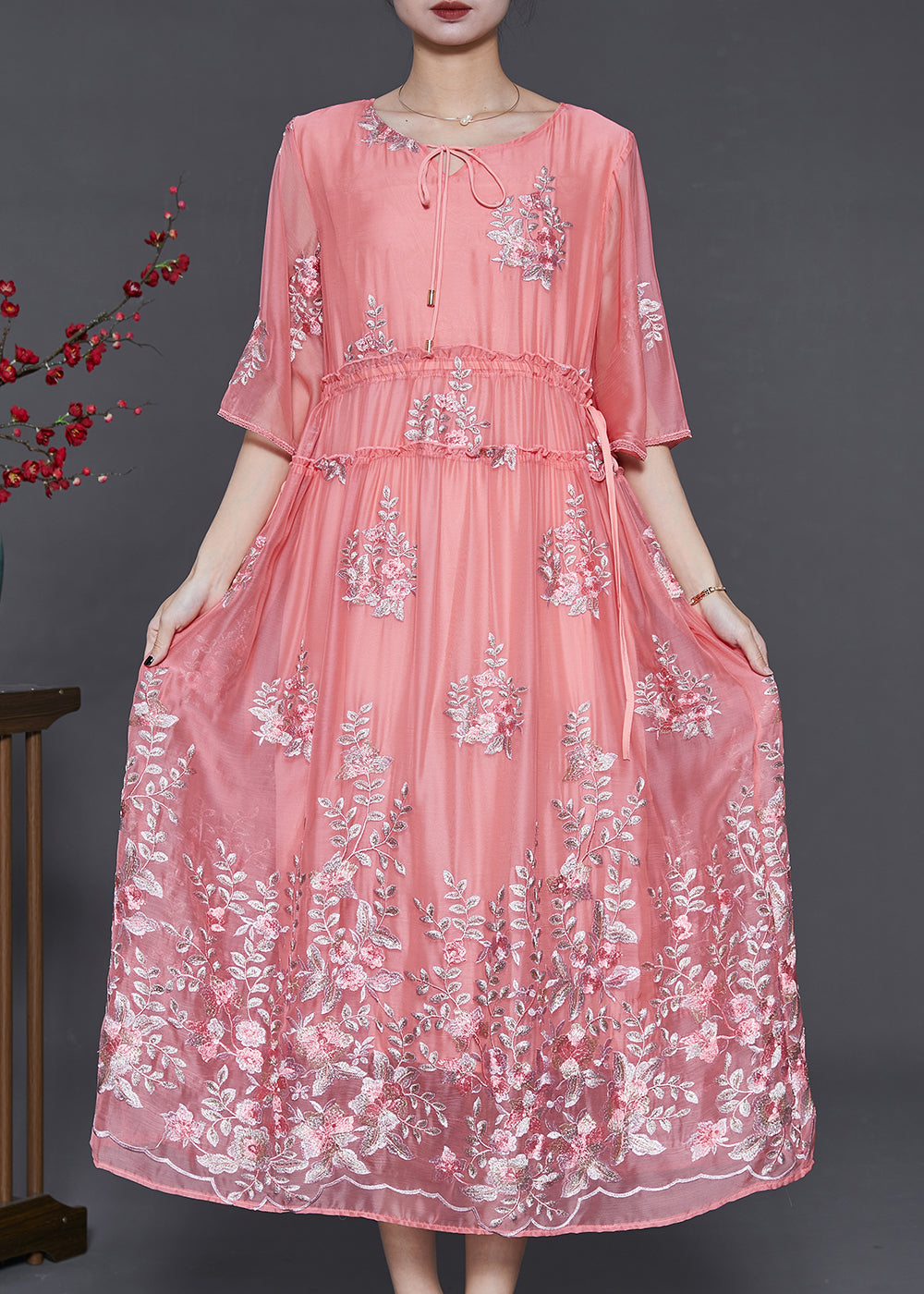 Pink Embroidered Silk Cinched Dress Summer