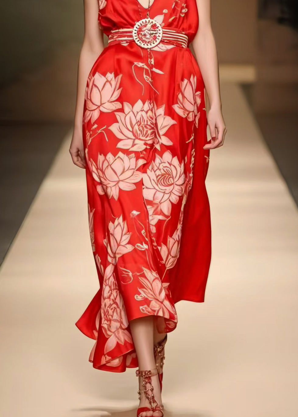 Red Cinched Print Silk Cami Dresses Summer
