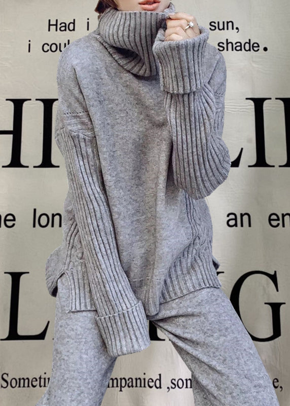 Apricot Hign Neck Sweaters and Pants Knit Two Piece Suit Set Winter