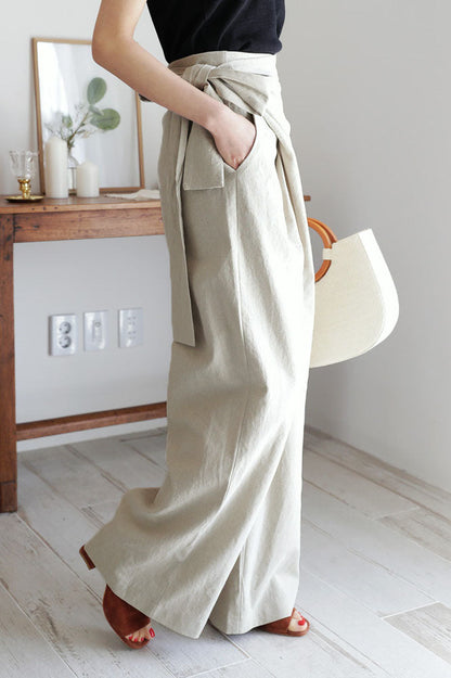 Cotton and Linen Asymmetrical Belt Design Wide-leg Pants