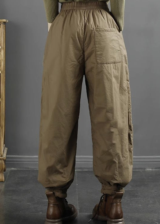 Khaki Pockets Elastic Waist Fine Cotton Filled Pants Winter