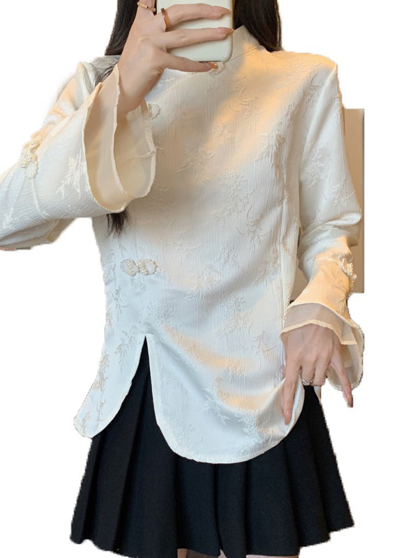Apricot Stand Collar Jacquard Oriental Button Cotton Top Fall
