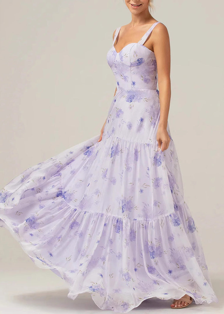 Purple Print Lace Up Chiffon Long Dress Summer