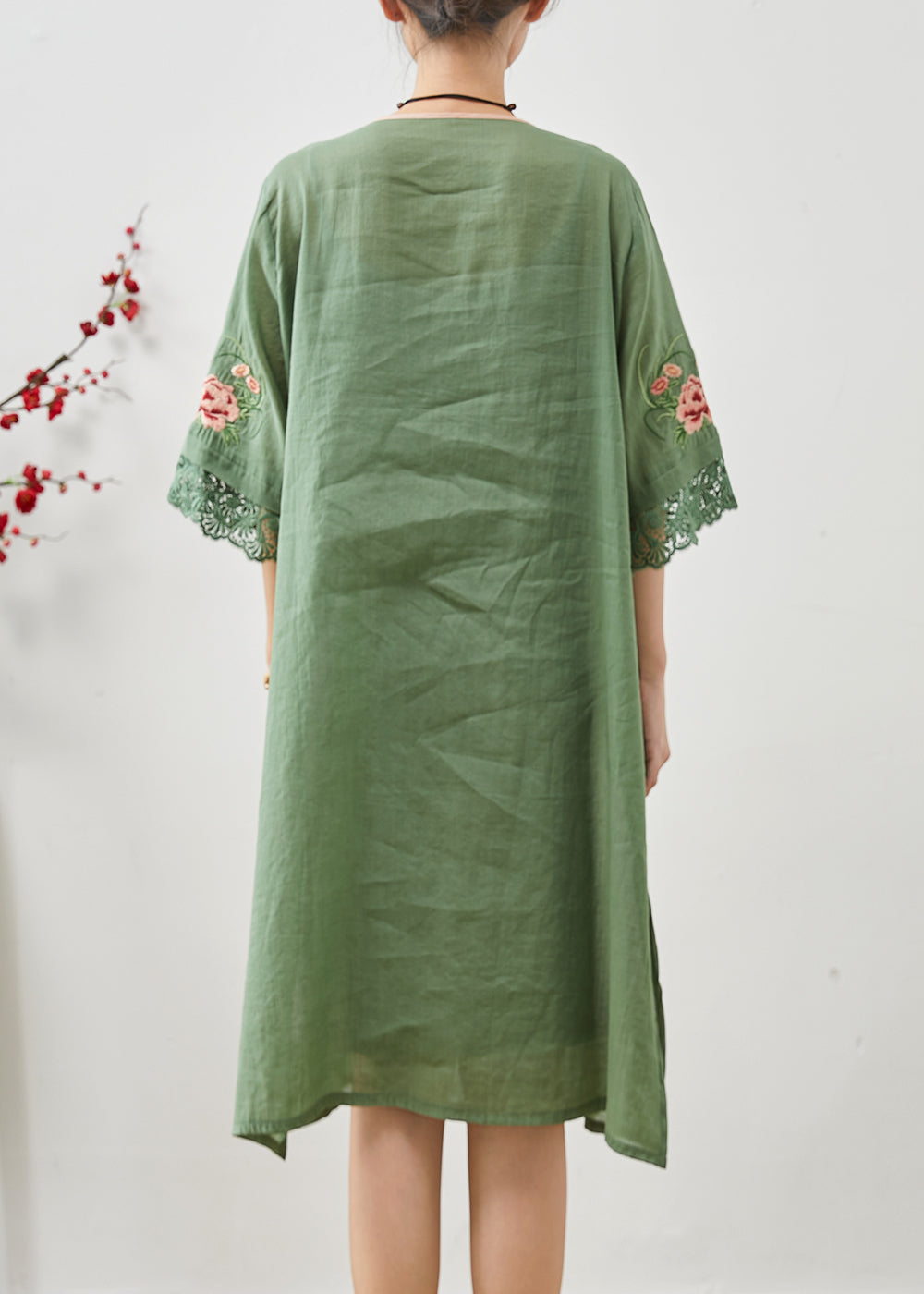 Green Tasseled Embroidered Linen Dresses Summer
