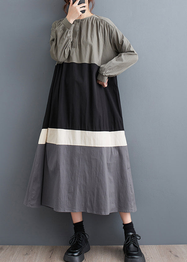 Black O Neck Patchwork Cotton Long Dress Fall