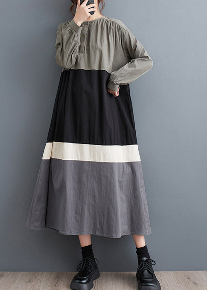 Black O Neck Patchwork Cotton Long Dress Fall