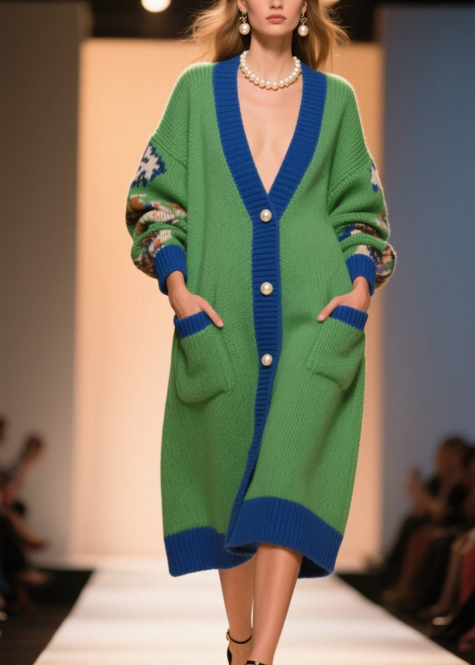Green V Neck Print Button Knit Loose Coat Winter