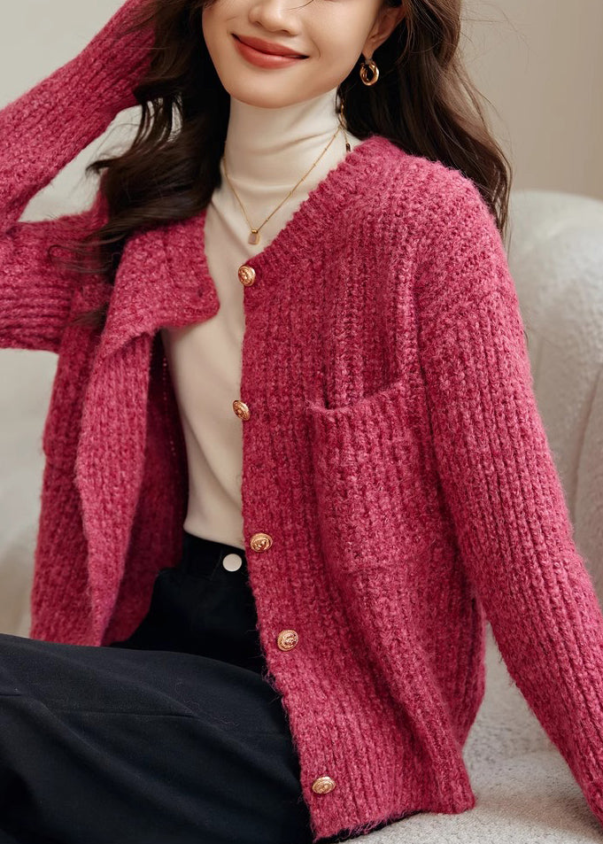 Rose O Neck Button Pockets Cotton Knit Coat Spring