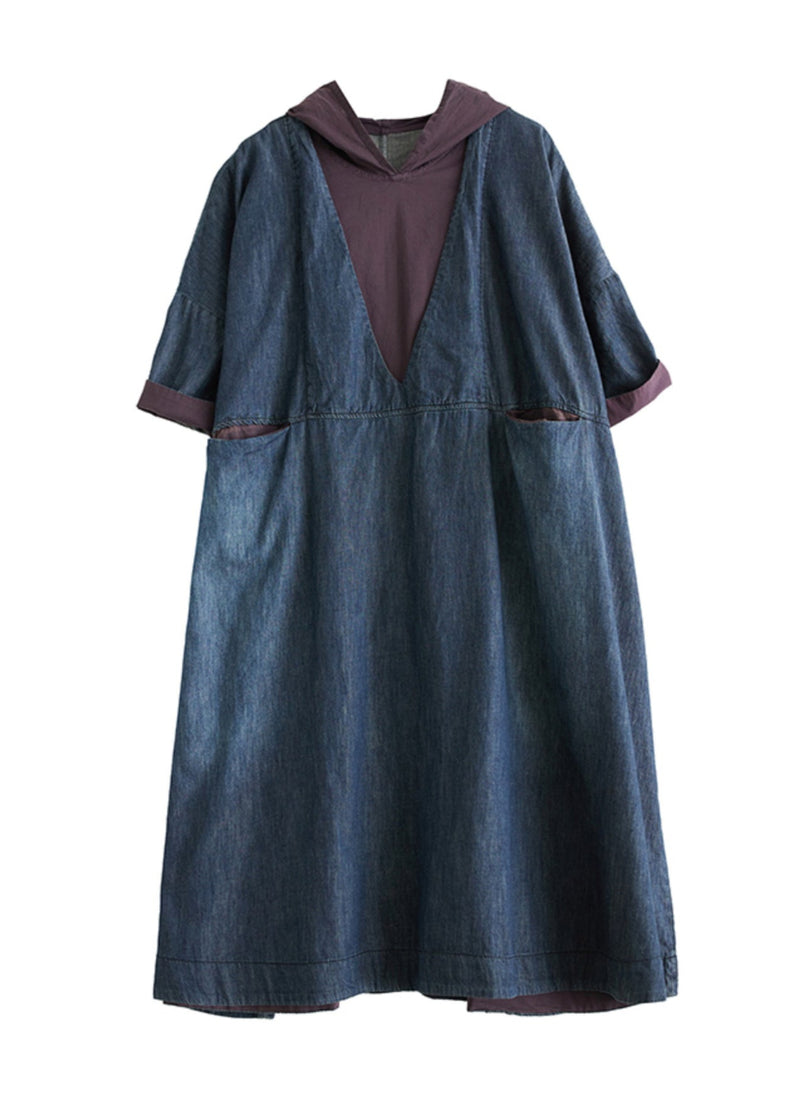 Blue Hooded Patchwork Thin Denim Dress Summer