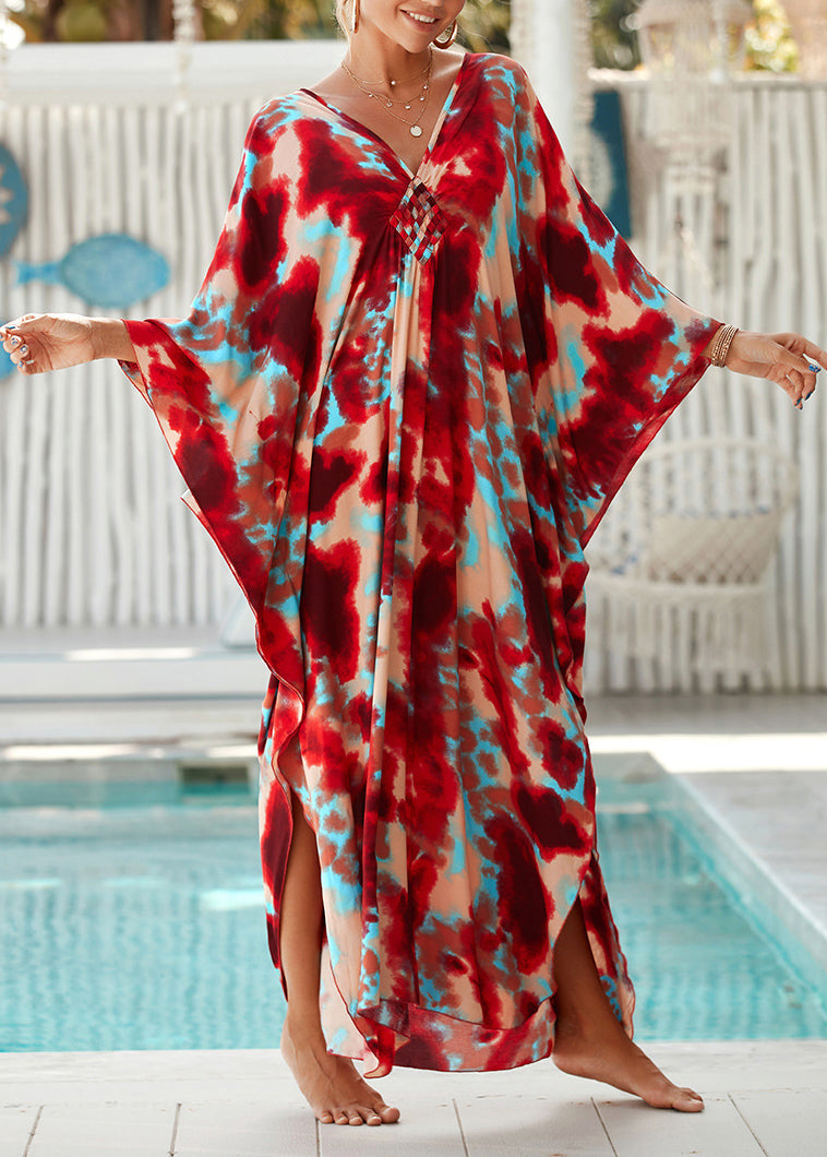 Loose Green V Neck Print Side Open Cotton Vacation Dresses Summer