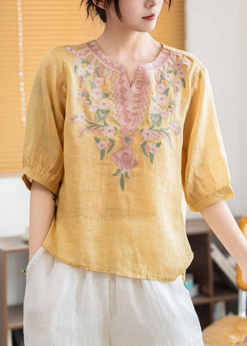 Green Stand Collar Embroidered Linen Blouses Summer