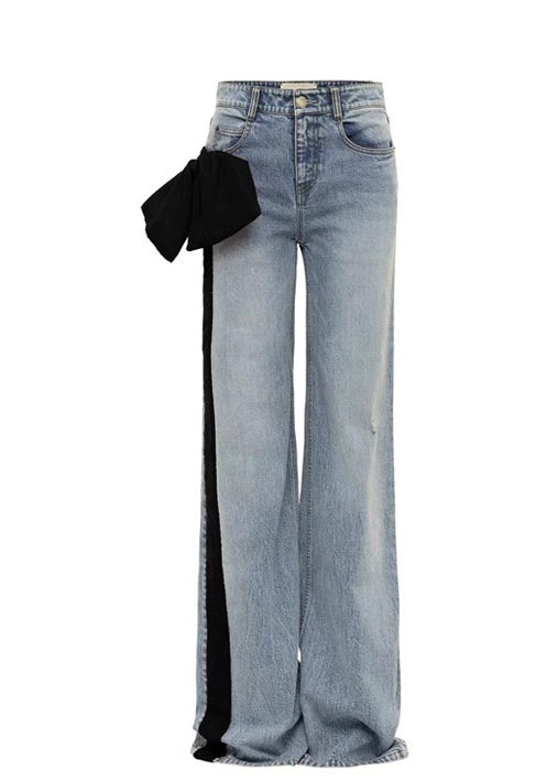 Red Pockets Bow Patchwork Denim Pants Fall