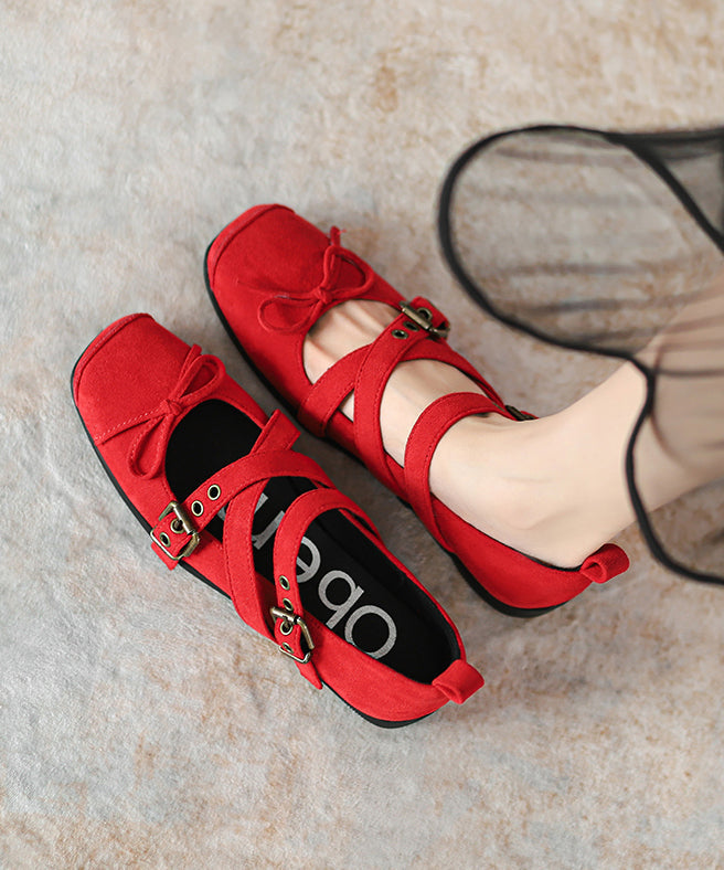 Red Suede Cross Strap Splicing Flat Feet Shoes