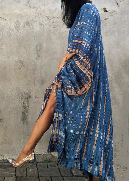Blue V Neck Tie Dye Cotton Vacation Dresses Summer