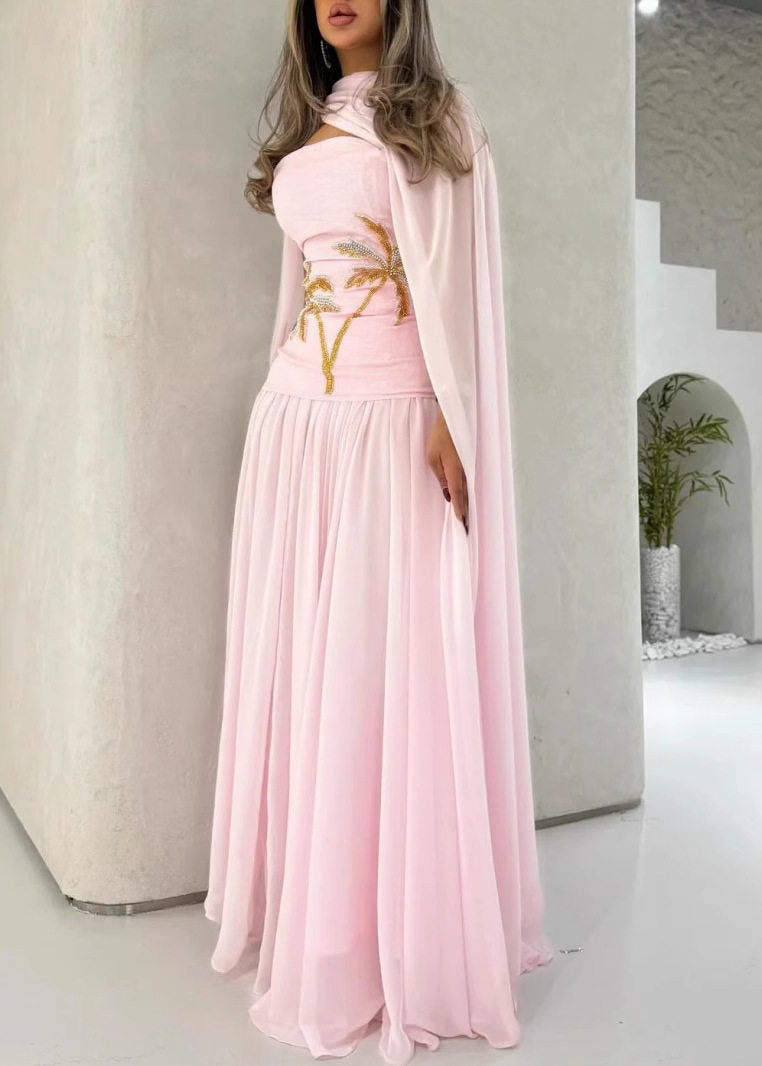 Pink Nail Bead Shawl Long Dress Batwin Sleeve