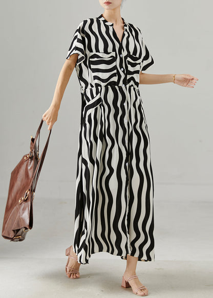 Black Tie Waist Striped Chiffon Work Dress Summer