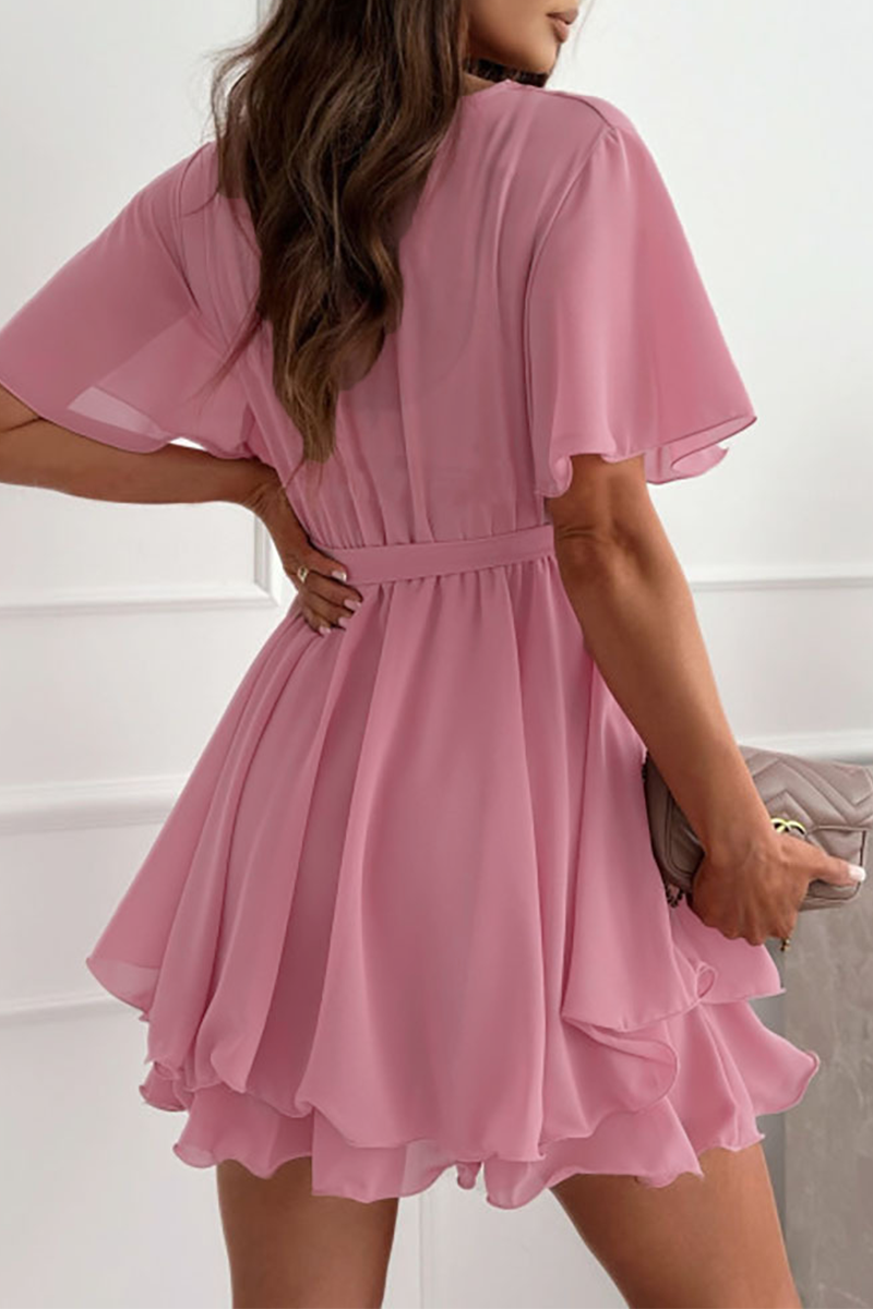 Color Lace Up Ruffle V Neck a Line Dresses(3 Colors)