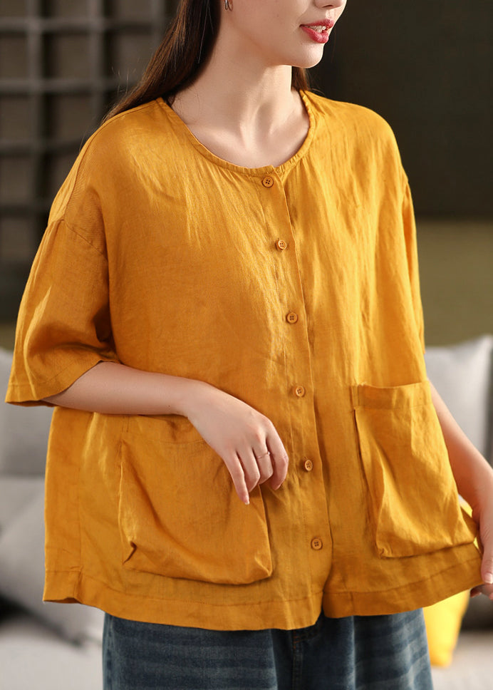 Rose O Neck Button Pockets Linen Shirt Tops Summer