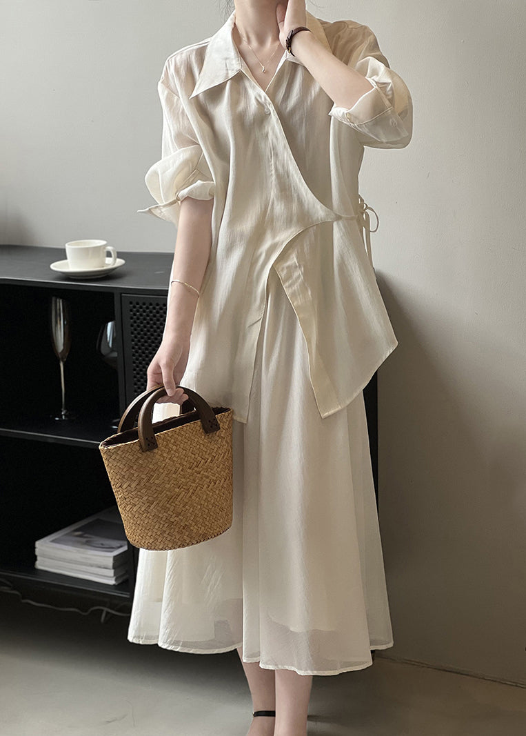 Beige Lace Up Shirts and Skirts Two Pieces Set Fall