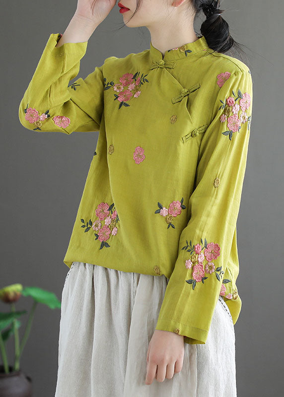 Fitted Yellow Mandarin Collar Embroidered Linen Blouse Top Long Sleeve