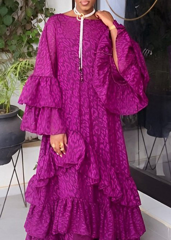 Purple Ruffled Flared Sleeve O-neck Long Dress