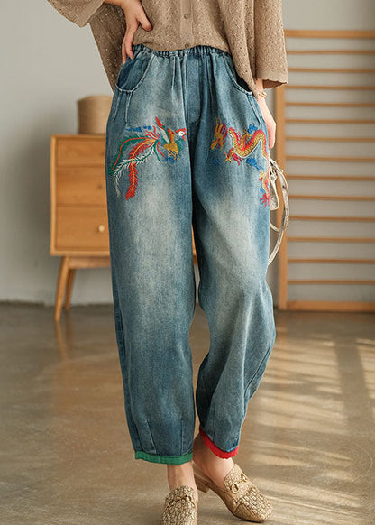 Unique Blue Pockets Embroidered Harem Fall Denim Pants