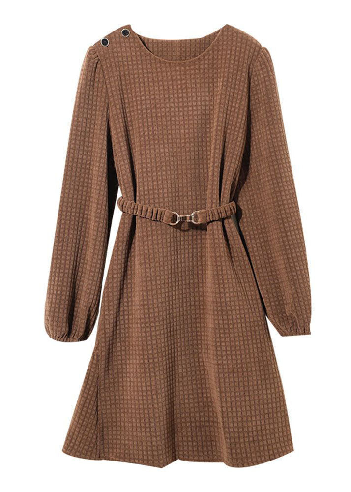 French Chocolate O-neck Plaid Color Sashes Cotton Holiday Dress Long Sleeve
