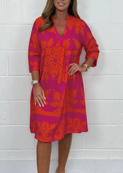 Green V Neck Print Cotton Mid Dress Bracelet Sleeve