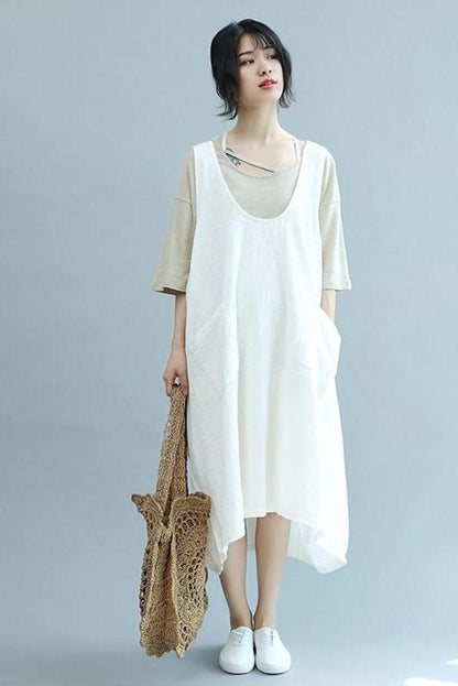 Summer Beige Linen Sleeveless Suspender Dresses