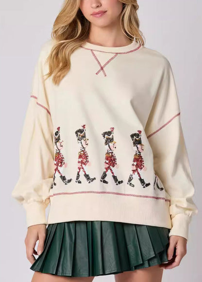 Apricot O Neck Sequins Cotton Loose Sweatshirts Top Winter