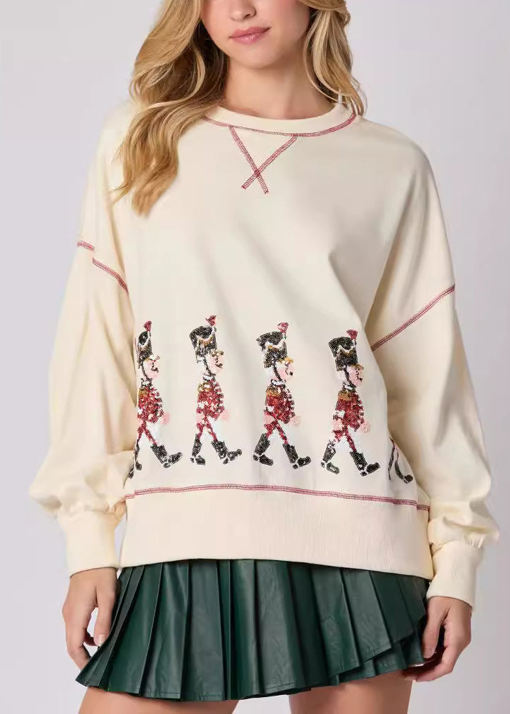 Apricot O Neck Sequins Cotton Loose Sweatshirts Top Winter