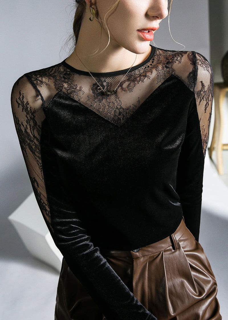 Black Hollow Out Lace Patchwork Silk Velour T Shirts Fall