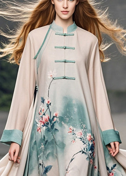 Apricot Print Chinese Button Chiffon Dress Fall