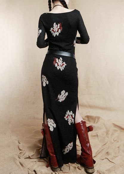 Black Beading Wear on Both Sides Cotton Dress Long Sleeve