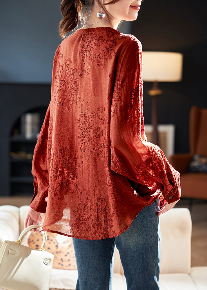 New Red Square Collar Embroidered Cotton Tops Spring