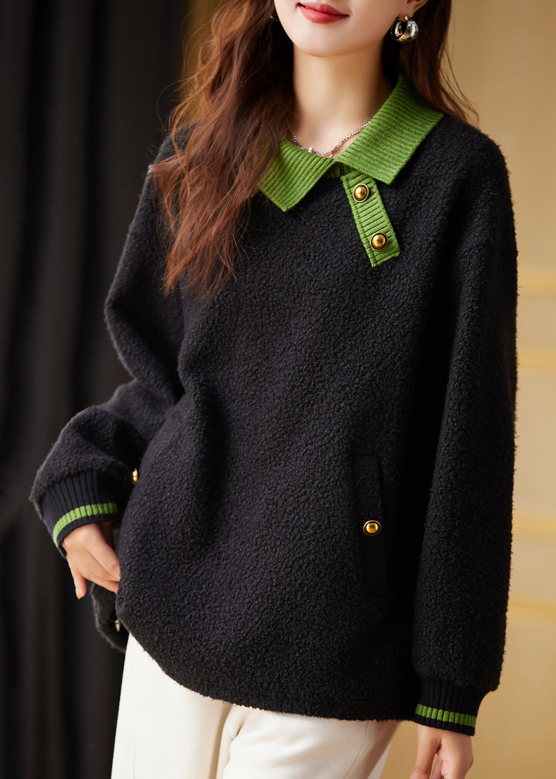 Black Peter Pan Collar Faux Fur Pullover Sweatshirt Fall