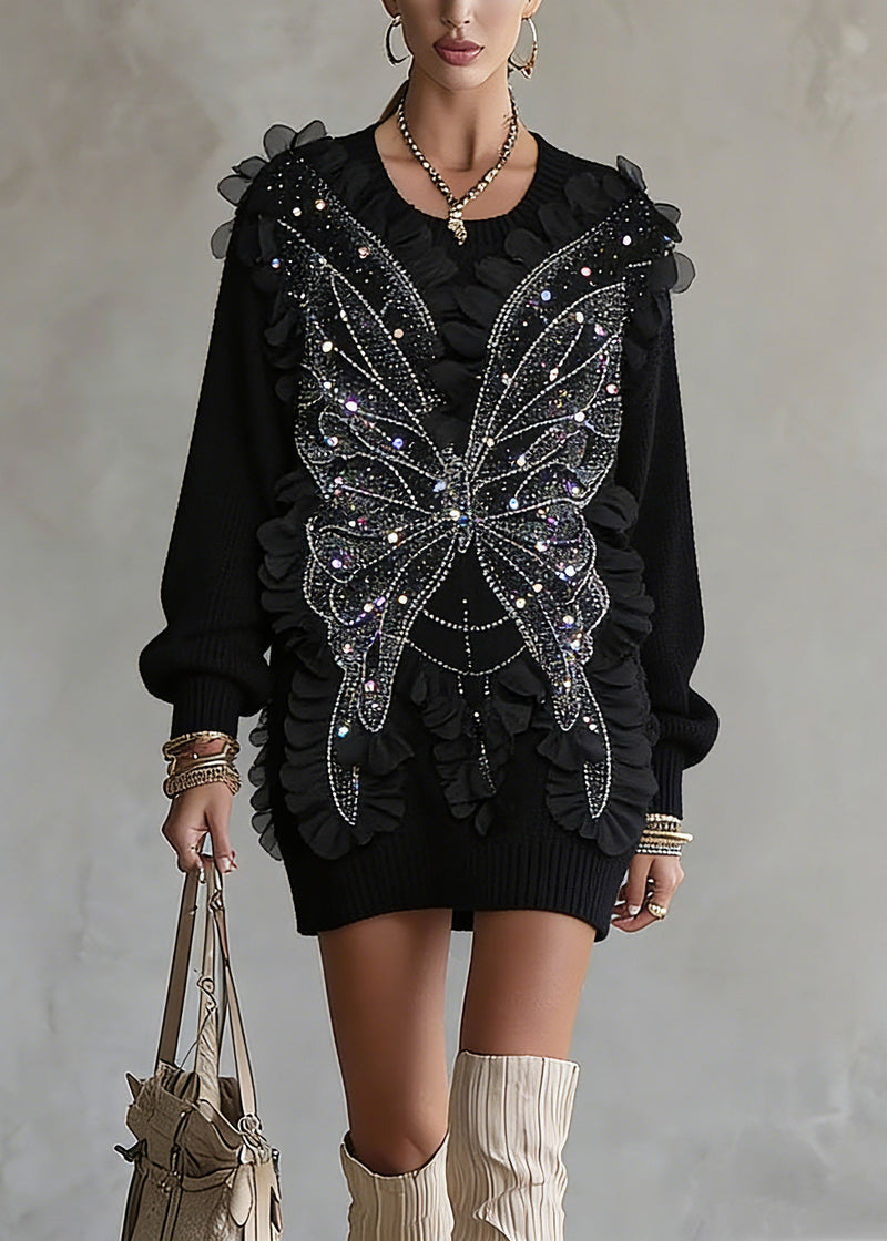 Black O-neck Sequins Top Lantern Sleeve