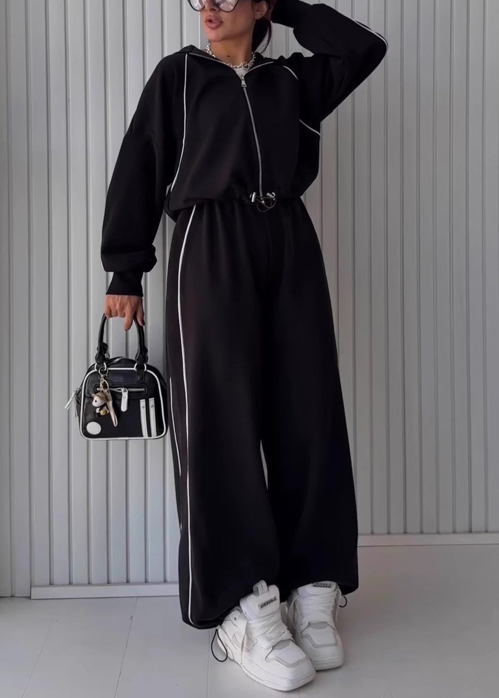Coffee Hooded Drawstring Coat and Pants Cotton Two Piece Set Fall