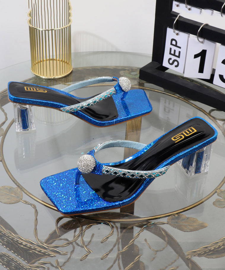 Blue Chunky Heel Flip Flops Blue Faux Leather Zircon
