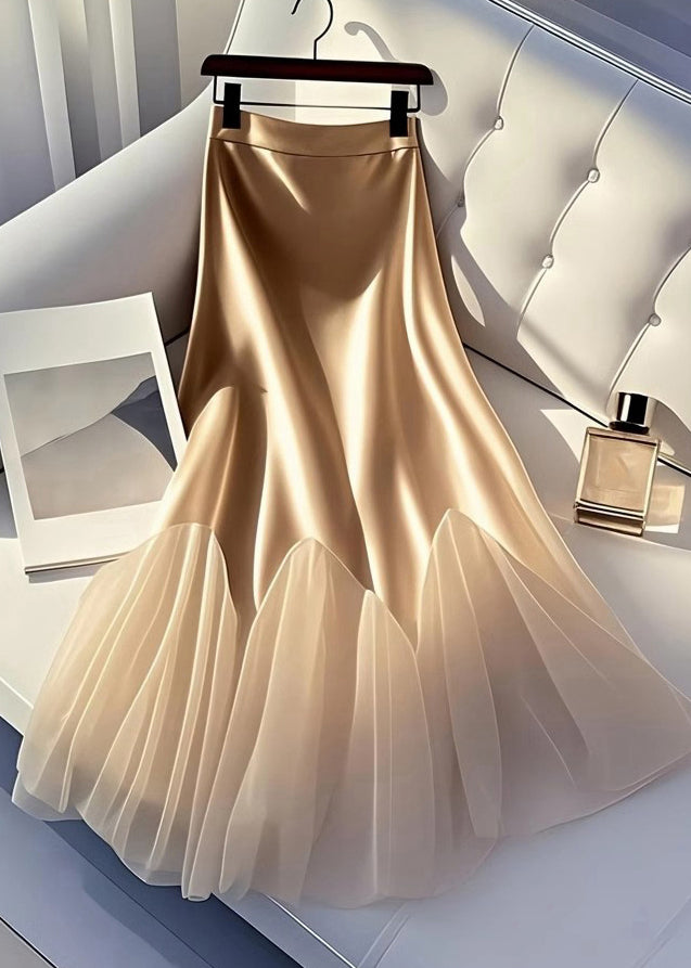 Italian Champagne Tulle Patchwork Silk a Line Skirt Summer